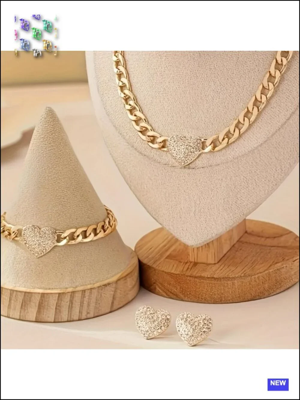 3-Piece Gold Tone Cuban Link Heart Jewelry Set with Necklace, Bracelet, Earrings